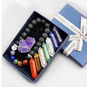 7 Chakra Healing Crystal Set & Lava Rock Bracelet - Reiki Meditation Gift Box